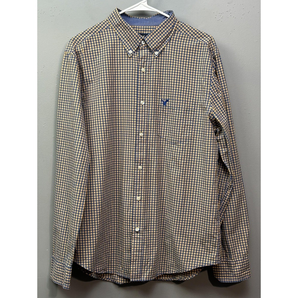 American Eagle Shirt Mens Large Blue Yellow Gingham Classic Fit Button Down
